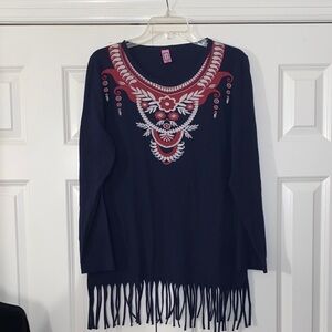 Navy Long-Sleeve Fringe Tunic with Pink & White Embroidered Yoke
